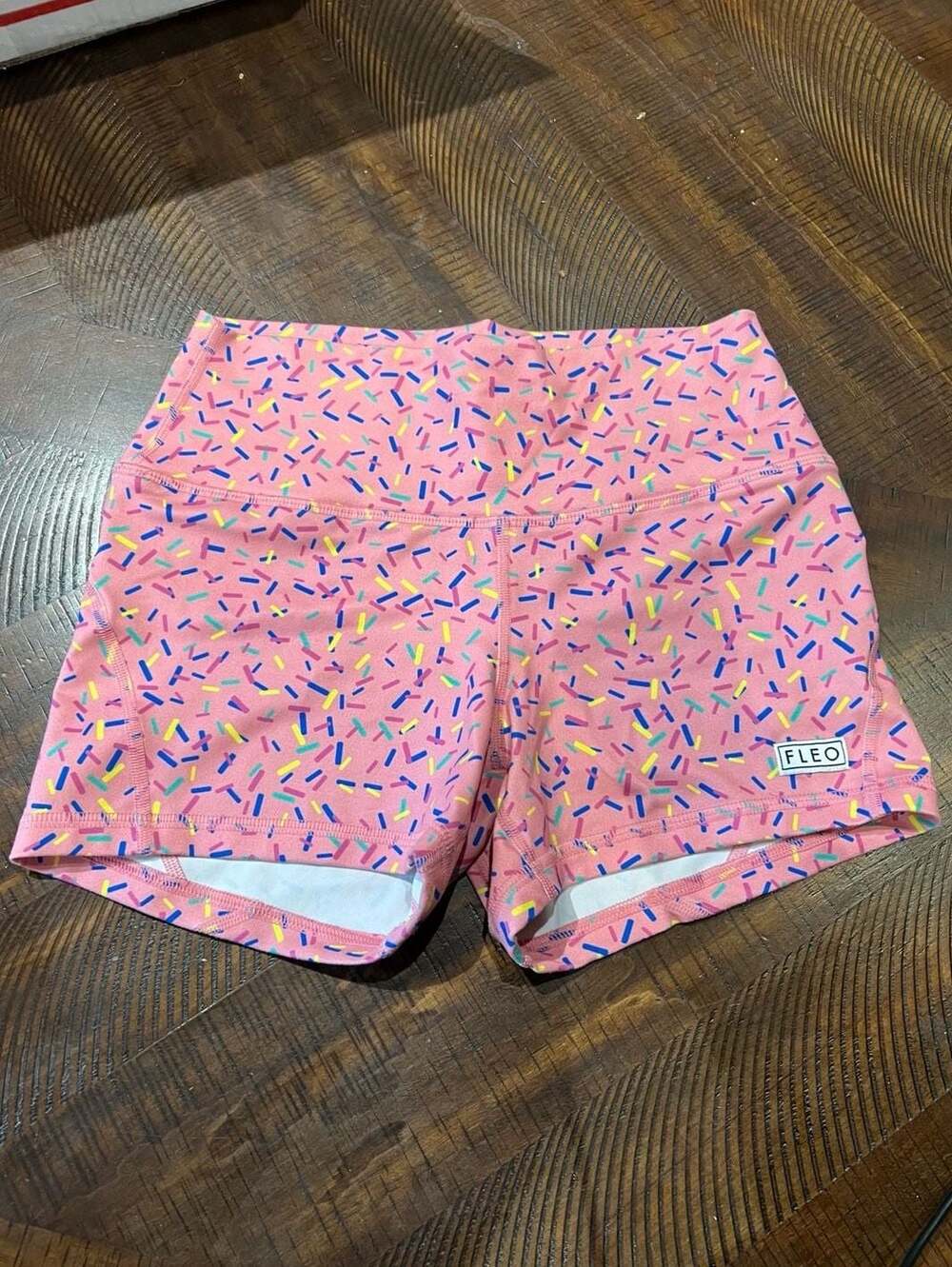 FLEO Women's Pink Sprinkles High-Waisted Gym Shorts Small